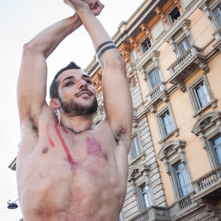 MILAN, ITALY - JUNE 29: Thousands of people march in the city streets for the annual gay pride parade, claiming equality and legal rights in Milan on JUNE 29, 2013のeditorial素材