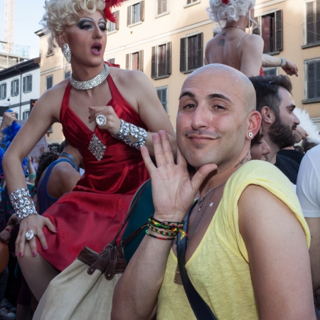MILAN, ITALY - JUNE 29: Thousands of people march in the city streets for the annual gay pride parade, claiming equality and legal rights in Milan on JUNE 29, 2013のeditorial素材