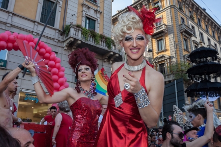 MILAN, ITALY - JUNE 29: Thousands of people march in the city streets for the annual gay pride parade, claiming equality and legal rights in Milan on JUNE 29, 2013のeditorial素材