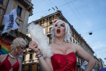 MILAN, ITALY - JUNE 29: Thousands of people march in the city streets for the annual gay pride parade, claiming equality and legal rights in Milan on JUNE 29, 2013のeditorial素材