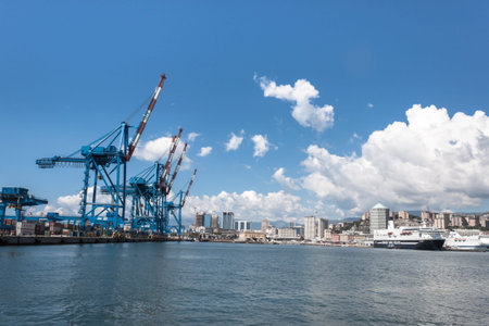 GENOA, ITALY - AUGUST, 28  Panoramic view of the port, the busiest of Italy and one of the most important in the Mediterranean area, on August 28, 2013 in Genoa のeditorial素材