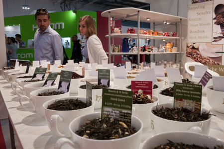 MILAN, ITALY - SEPTEMBER, 12  Cups of tea at Macef home international show, point of reference for all those in the sector of interior design and architecture in Milan on September 12, 2013 のeditorial素材