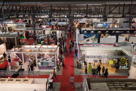 MILAN, ITALY - OCTOBER 3  Top view of people and booths at Made expo, international architecture and building trade show on October 3, 2013 in Milan のeditorial素材