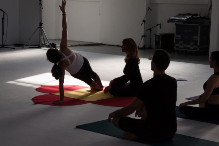 MILAN, ITALY - OCTOBER 11  People take a class at Yoga Festival 2013, event dedicated to yoga, meditation and healthy lifestyle on OCTOBER 11, 2013 in Milan のeditorial素材