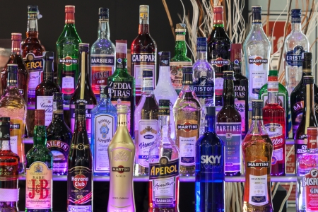 MILAN, ITALY - OCTOBER 18  Alcoholic beverages bottles at Host 2013, international exhibition of the hospitality industry on OCTOBER 18, 2013 in Milan のeditorial素材