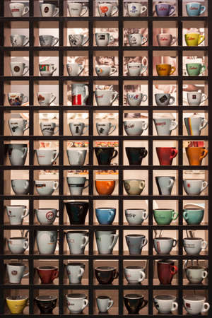 MILAN, ITALY - OCTOBER 18  Collection of coffee cups at Host 2013, international exhibition of the hospitality industry on OCTOBER 18, 2013 in Milan のeditorial素材