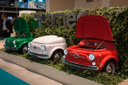  MILAN, ITALY - OCTOBER 18  Fiat 500 refrigerators at Host 2013, international exhibition of the hospitality industry on OCTOBER 18, 2013 in Milan のeditorial素材