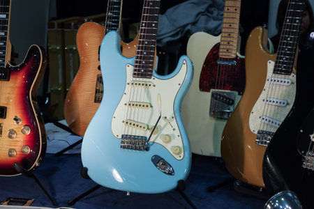 MILAN, ITALY - OCTOBER 20: Electric guitars at Milano Guitars & Beyond 2013, important trade show of...