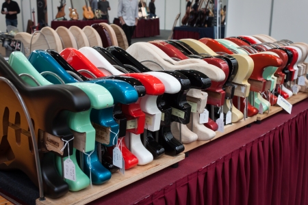 MILAN, ITALY - OCTOBER 20  Guitar bodies at Milano Guitars   Beyond 2013, important trade show of string instruments with specific attention to guitars on OCTOBER 20, 2013 in Milan のeditorial素材