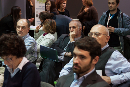 MILAN, ITALY - OCTOBER 23  People follow a workshop at Smau, international exhibition of information communications technology on OCTOBER 23, 2013 in Milan のeditorial素材