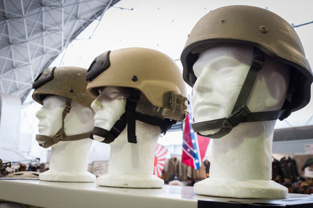 MILAN, ITALY - NOVEMBER 2  Military helmets on display at Militalia, exhibition dedicated to militaria collectors and military associations on NOVEMBER 2, 2013 in Milan のeditorial素材