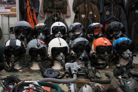 MILAN, ITALY - NOVEMBER 2  Air force helmets on display at Militalia, exhibition dedicated to militaria collectors and military associations on NOVEMBER 2, 2013 in Milan のeditorial素材