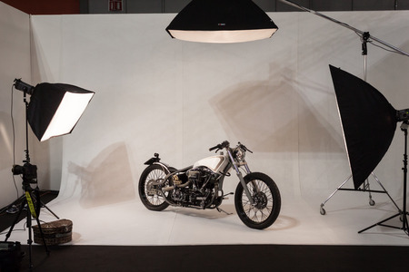 MILAN, ITALY - NOVEMBER 5  Photographic set with motorbike at EICMA, international motorcycle exhibition on NOVEMBER 5, 2013 in Milan のeditorial素材