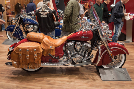 MILAN, ITALY - NOVEMBER 7  Indian motorbike with leather bags at EICMA, international motorcycle exhibition on NOVEMBER 7, 2013 in Milan のeditorial素材