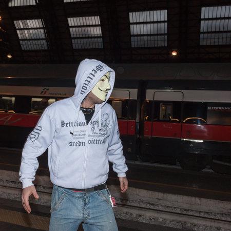 MILAN, ITALY - JANUARY 25: Demonstrator of the so-called December 9 movement stands in the Grand Central Station to protest against government and political class on JANUARY 25, 2013 in Milan. のeditorial素材