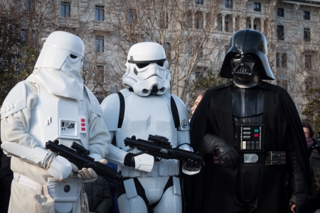 MILAN, ITALY - JANUARY 26: People of 501st Legion, official costuming organization, take part in the Star Wars Parade wearing perfectly accurate costumes on JANUARY 26, 2013 in Milan.のeditorial素材