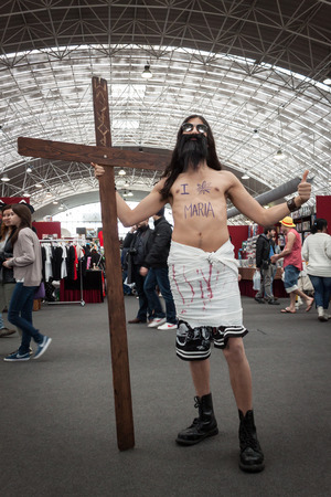 MILAN, ITALY - FEBRUARY 2: Parody of Jesus at Festival del Fumetto, convention dedicated to comics and cosplay world on FEBRUARY 2, 2014 in Milan.のeditorial素材