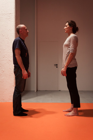 MILAN, ITALY - FEBRUARY 7: People take a class of body awareness at Olis Festival, event dedicated to holistic disciplines, alternative medicine and natural food on FEBRUARY 7, 2014 in Milan.のeditorial素材