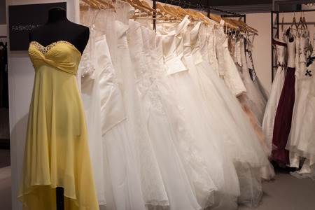 MILAN, ITALY - FEBRUARY 22: Wedding dresses on display at Mipap, international presentation of women's pret-a-porter and accessories on FEBRUARY 22, 2014 in Milan.のeditorial素材