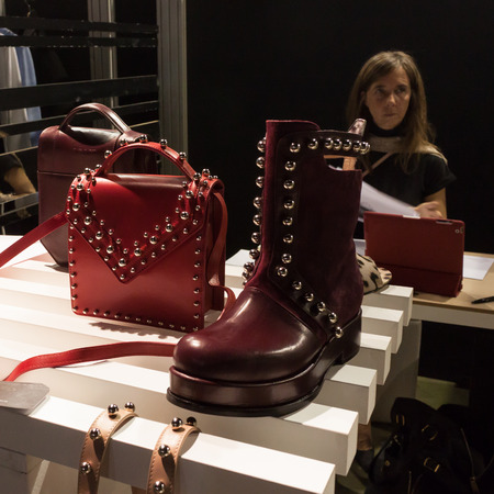 MILAN, ITALY - FEBRUARY 22: Shoes and bags on display at Mipap, international presentation of women's pret-a-porter and accessories on FEBRUARY 22, 2014 in Milan.のeditorial素材