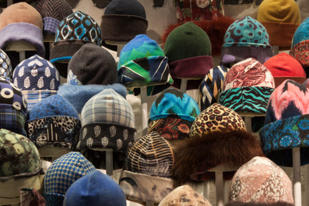 MILAN, ITALY - FEBRUARY 22: Winter hats on display at Mipap, international presentation of women's pret-a-porter and accessories on FEBRUARY 22, 2014 in Milan.のeditorial素材