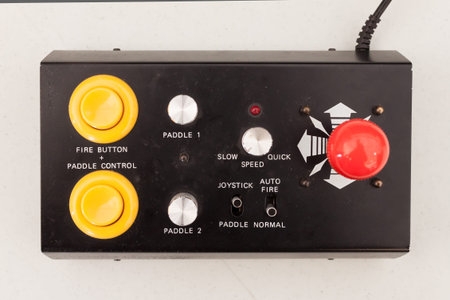 MILAN, ITALY - MARCH 30: Vintage controller with joystick on display at Robot and Makers Milano...