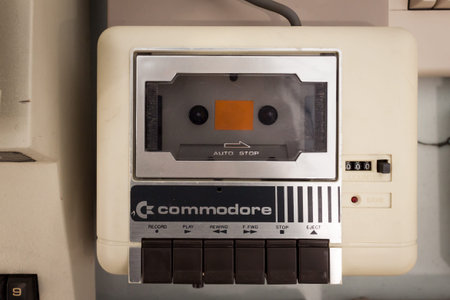 MILAN, ITALY - MARCH 30: Commodore cassette player on display at Robot and Makers Milano Show, event...