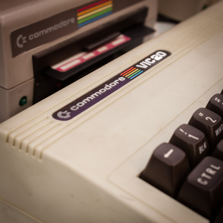 MILAN, ITALY - MARCH 30: Detail of vintage computer keyboard on display at Robot and Makers Milano Show, event dedicated to robotics and makers on MARCH 30, 2014 in Milan.のeditorial素材