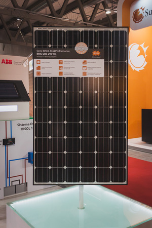 MILAN, ITALY - MAY 7: Solar panel on display at Solarexpo, international exhibition for promoting innovative and renewable energy technology on MAY 7, 2014 in Milan.のeditorial素材
