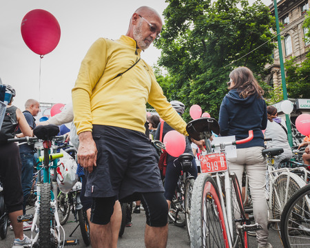 MILAN, ITALY - MAY 11: Thousands of people take part in Cyclopride, event dedicated to bicycles and sustainable mobility on MAY 11, 2014 in Milan.のeditorial素材