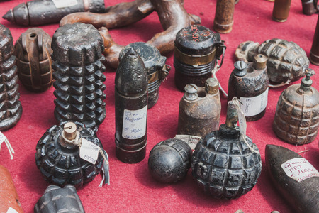 MILAN, ITALY - MAY 18: Hand granades,on display at Militalia, exhibition dedicated to militaria collectors and military associations on MAY 18, 2014 in Milan.のeditorial素材
