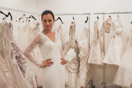 MILAN, ITALY - MAY 23: Model poses at Si' Sposaitalia, ultimate exhibition for bridal and formal wear industry on MAY 23, 2014 in Milan.のeditorial素材