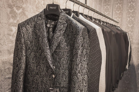 MILAN, ITALY - MAY 23: Suit jackets on display at Si' Sposaitalia, ultimate exhibition for bridal...