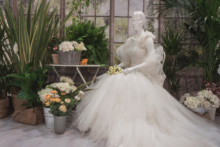 MILAN, ITALY - MAY 23: Wedding dress on display at Si' Sposaitalia, ultimate exhibition for bridal and formal wear industry on MAY 23, 2014 in Milan.のeditorial素材