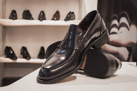 MILAN, ITALY - MAY 23  Elegant men shoes on display at Si Sposaitalia, ultimate exhibition for bridal and formal wear industry on MAY 23, 2014 in Milan のeditorial素材