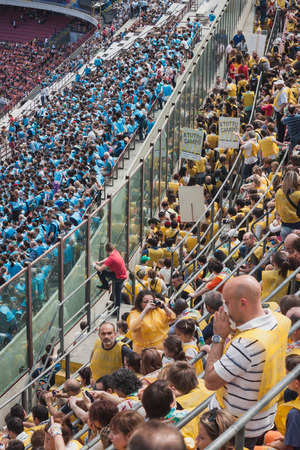 MILAN, ITALY - JUNE 2: 50.000 teenagers take part in a ceremony at San Siro stadium where archbishop Scola meets them before they receive the sacrament of Confirmation on JUNE 2, 2014 in Milan.のeditorial素材