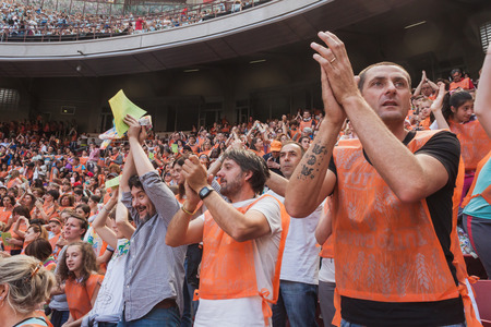 MILAN, ITALY - JUNE 2: 50.000 teenagers take part in a ceremony at San Siro stadium where archbishop Scola meets them before they receive the sacrament of Confirmation on JUNE 2, 2014 in Milan.のeditorial素材