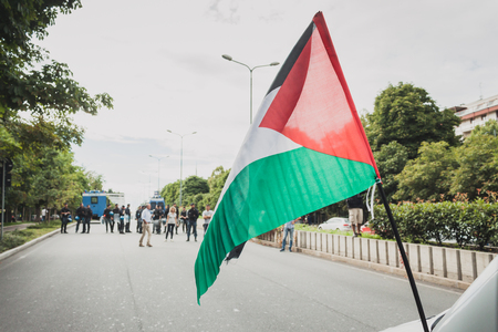 MILAN, ITALY - JULY 26: People march and protest against Gaza strip bombing in solidarity with Palestinians on JULY 26, 2014 in Milan.のeditorial素材