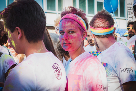 MILAN, ITALY - SEPTEMBER 6: Thousands of people take part in the Color Run event, the funniest and most colorful urban running ever on SEPTEMBER 6, 2014 in Milan.のeditorial素材