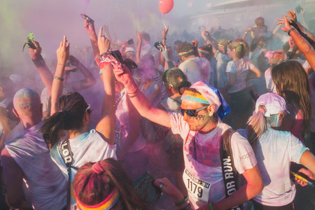 MILAN, ITALY - SEPTEMBER 6: Thousands of people take part in the Color Run event, the funniest and most colorful urban running ever on SEPTEMBER 6, 2014 in Milan.のeditorial素材