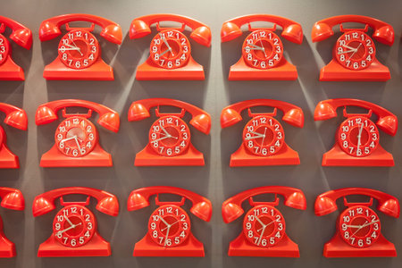 MILAN, ITALY - SEPTEMBER 13: Telephone clocks on display at HOMI, home international show and point...