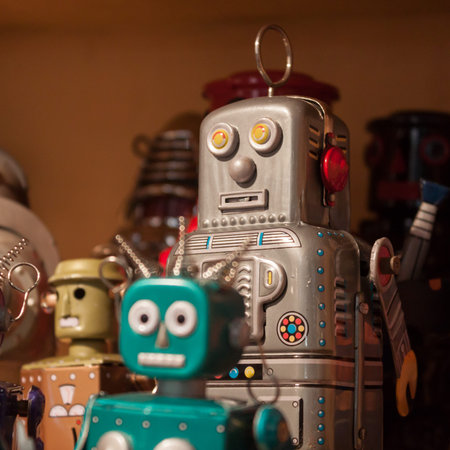 MILAN, ITALY - SEPTEMBER 13: Vintage tinplate robots on display at HOMI, home international show and point of reference for all those in the sector of interior design on SEPTEMBER 13, 2014 in Milan.のeditorial素材