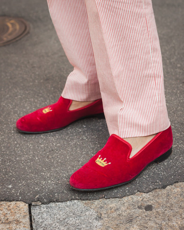 MILAN, ITALY - SEPTEMBER 21: Detail of shoes outside Ferragamo fashion shows building for Milan Women's Fashion Week on SEPTEMBER 21, 2014 in Milan.のeditorial素材