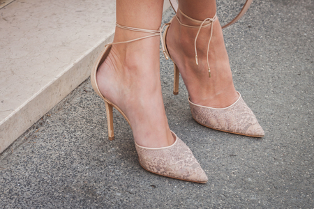 MILAN, ITALY - SEPTEMBER 21: Detail of shoes outside Ferragamo fashion shows building for Milan Women's Fashion Week on SEPTEMBER 21, 2014 in Milan.のeditorial素材