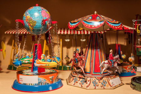MILAN, ITALY - SEPTEMBER 13: Vintage tinplate toys on display at HOMI, home international show and point of reference for all those in the sector of interior design on SEPTEMBER 13, 2014 in Milan.のeditorial素材