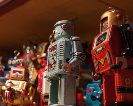 MILAN, ITALY - SEPTEMBER 13: Vintage tinplate robots on display at HOMI, home international show and...