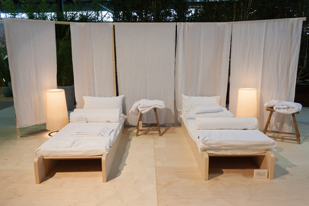 MILAN, ITALY - SEPTEMBER 13: Beds on display at HOMI, home international show and point of reference for all those in the sector of interior design on SEPTEMBER 13, 2014 in Milan.のeditorial素材