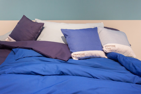 MILAN, ITALY - SEPTEMBER 13: Pantone bed sheets on display at HOMI, home international show and point of reference for all those in the sector of interior design on SEPTEMBER 13, 2014 in Milan.のeditorial素材