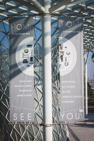 MILAN, ITALY - SEPTEMBER 13: Next edition banner at HOMI, home international show and point of reference for all those in the sector of interior design on SEPTEMBER 13, 2014 in Milan.のeditorial素材