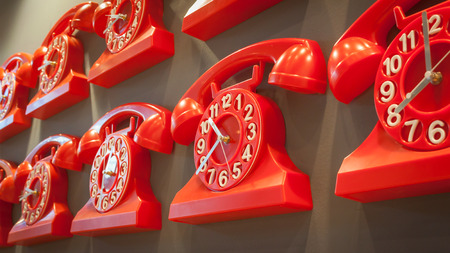 MILAN, ITALY - SEPTEMBER 13: Telephone clocks on display at HOMI, home international show and point of reference for all those in the sector of interior design on SEPTEMBER 13, 2014 in Milan.のeditorial素材